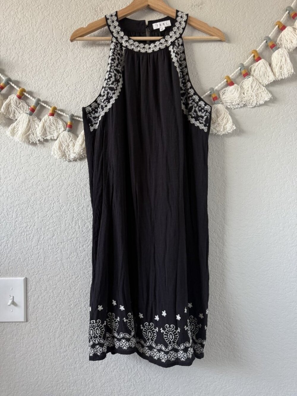 THML Black Embroidered Halter High Neck Sleeveless Mini Dress Boho Peasant L